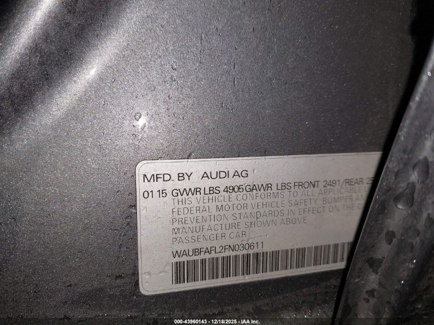 2015 Audi A4 2.0T Premium VIN: WAUBFAFL2FN030611 Lot: 43960143