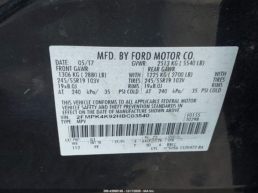 2017 Ford Edge Titanium VIN: 2FMPK4K92HBC03540 Lot: 43960146