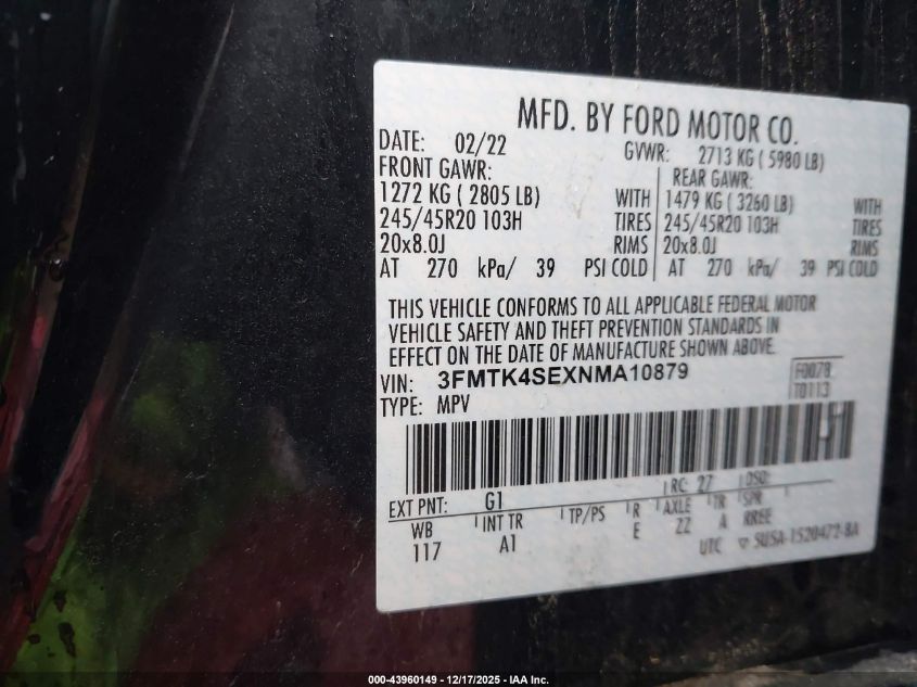 2022 Ford Mustang Mach-E Gt VIN: 3FMTK4SEXNMA10879 Lot: 43960149