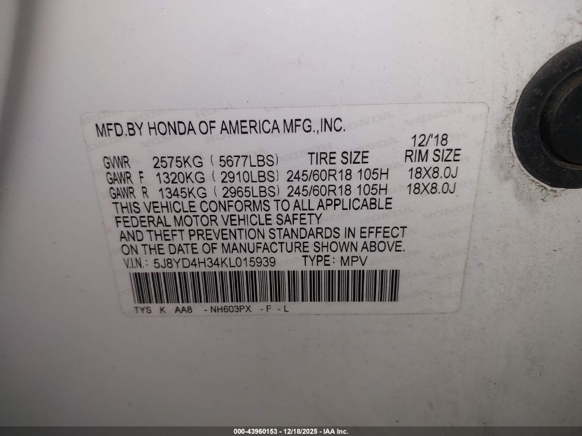 2019 Acura Mdx Standard VIN: 5J8YD4H34KL015939 Lot: 43960153