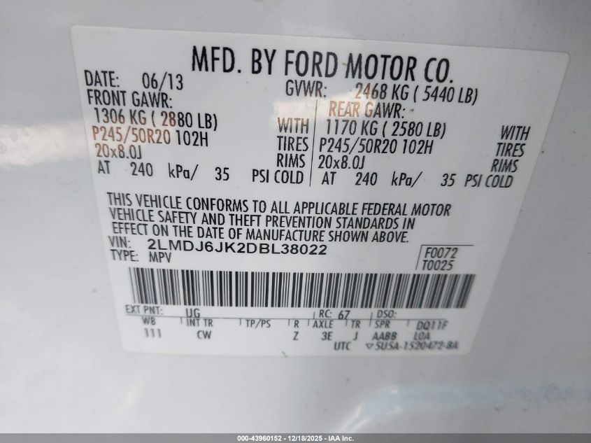 2013 Lincoln Mkx VIN: 2LMDJ6JK2DBL38022 Lot: 43960152