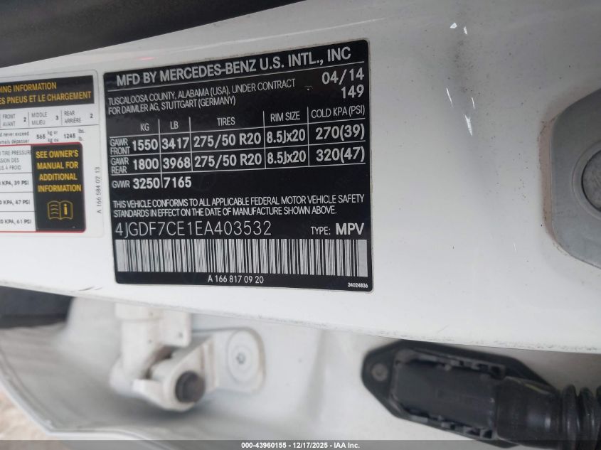 2014 Mercedes-Benz Gl 450 4Matic VIN: 4JGDF7CE1EA403532 Lot: 43960155