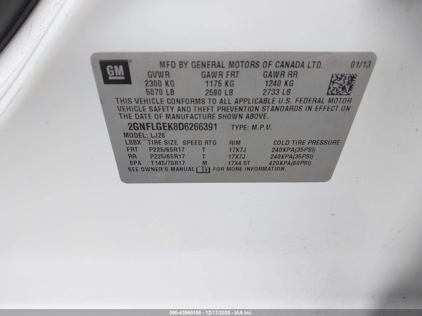 2013 Chevrolet Equinox Ltz VIN: 2GNFLGEK8D6266391 Lot: 43960158