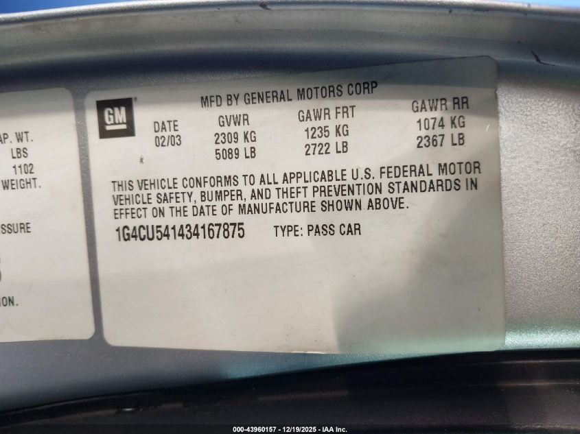 2003 Buick Park Avenue Ultra VIN: 1G4CU541434167875 Lot: 43960157