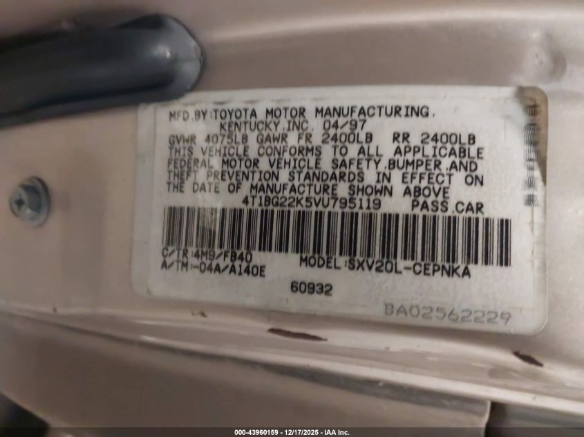 1997 Toyota Camry Le VIN: 4T1BG22K5VU795119 Lot: 43960159