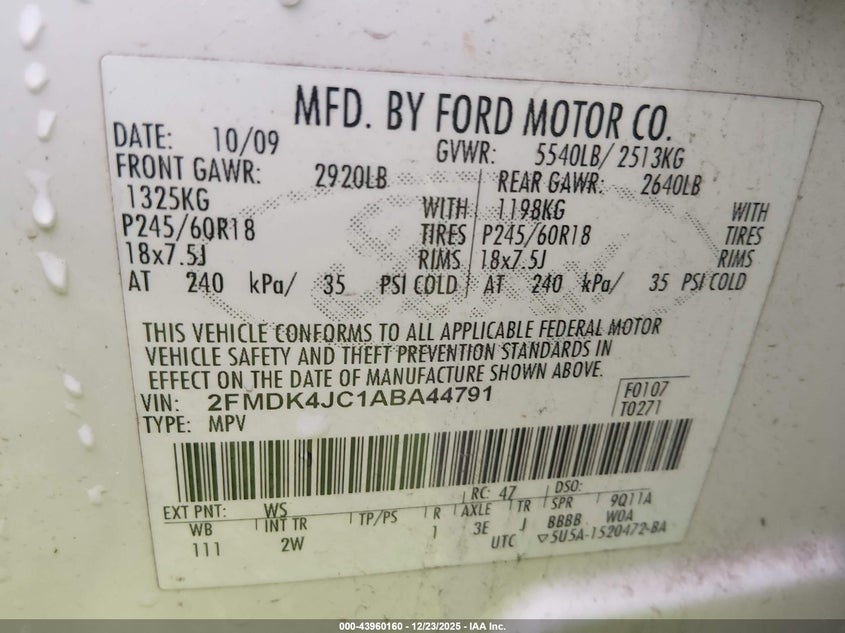 2010 Ford Edge Sel VIN: 2FMDK4JC1ABA44791 Lot: 43960160