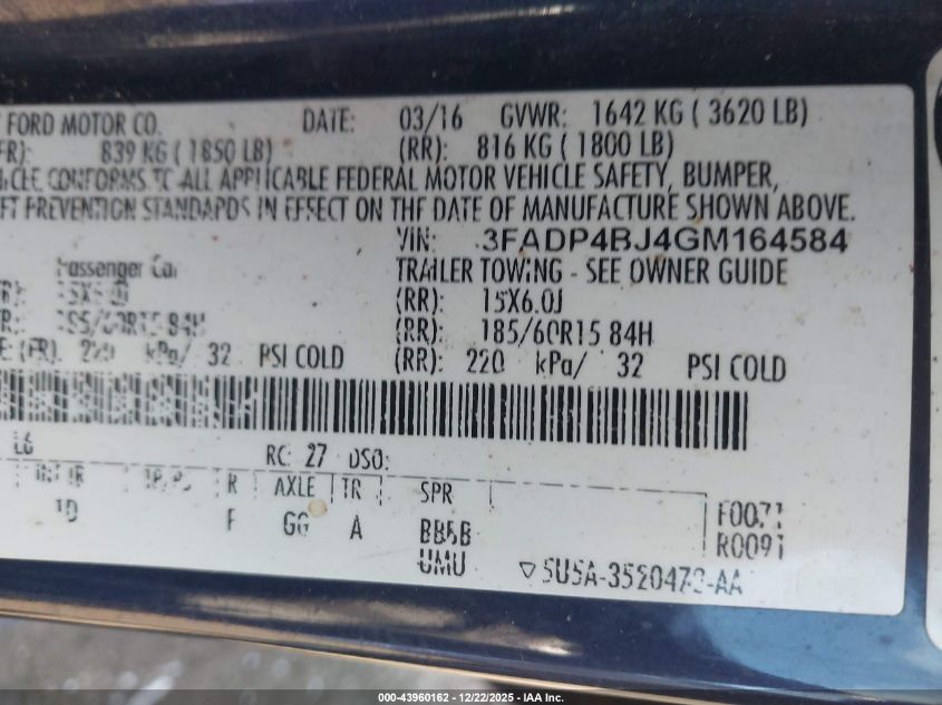 2016 Ford Fiesta Se VIN: 3FADP4BJ4GM164584 Lot: 43960162