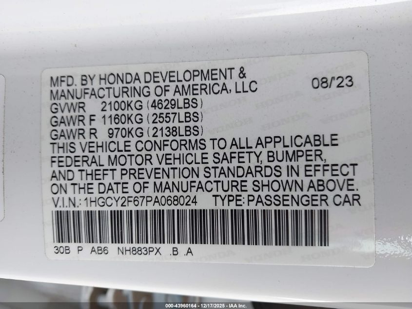 2023 Honda Accord Hybrid Ex-L VIN: 1HGCY2F67PA068024 Lot: 43960164