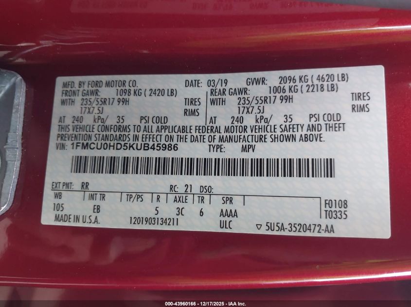 2019 Ford Escape Sel VIN: 1FMCU0HD5KUB45986 Lot: 43960166