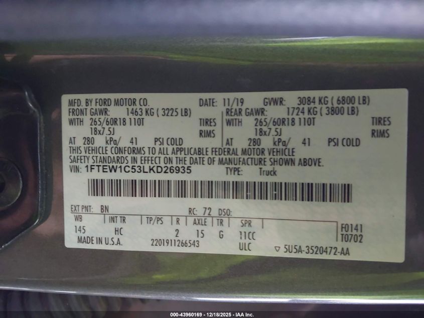 2020 Ford F-150 Lariat VIN: 1FTEW1C53LKD26935 Lot: 43960169