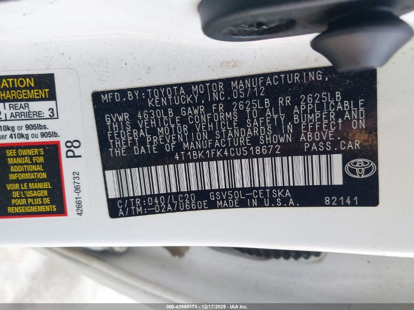 2012 Toyota Camry Se V6 VIN: 4T1BK1FK4CU518672 Lot: 43960171