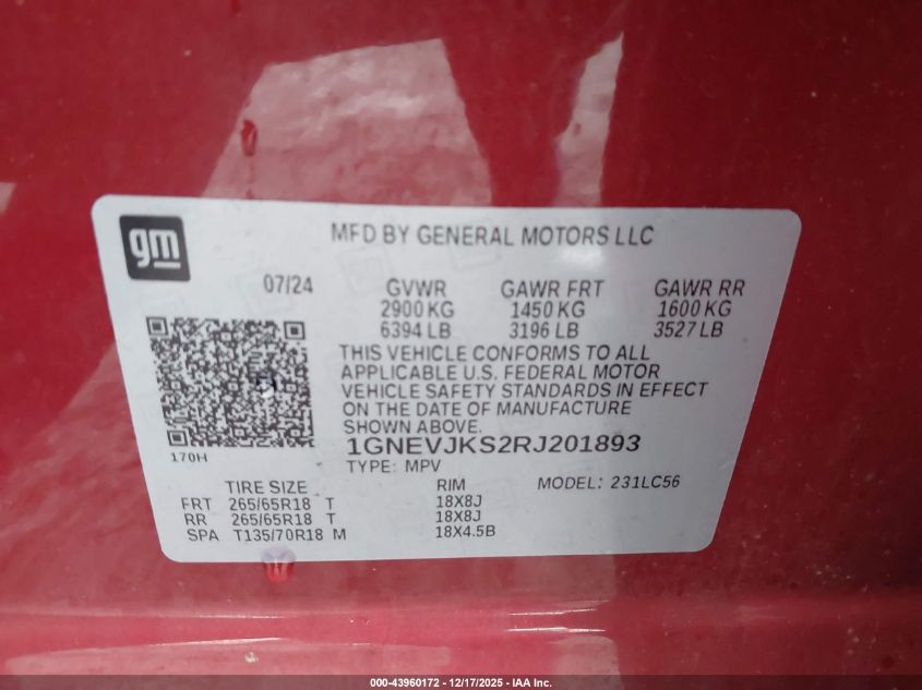 2024 Chevrolet Traverse Awd Z71 VIN: 1GNEVJKS2RJ201893 Lot: 43960172