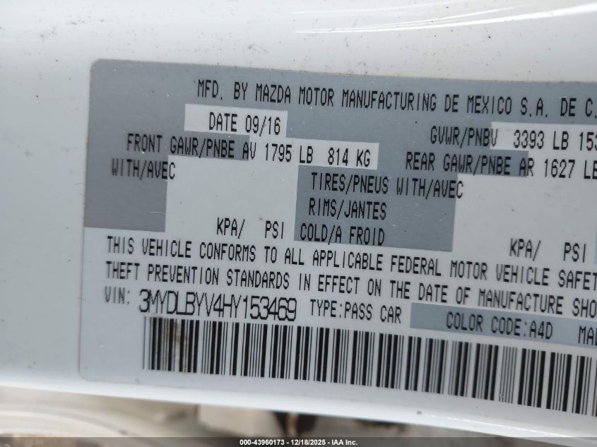 2017 Toyota Yaris Ia VIN: 3MYDLBYV4HY153469 Lot: 43960173