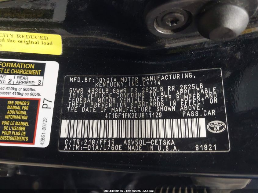 2014 Toyota Camry Se VIN: 4T1BF1FK3EU811129 Lot: 43960176