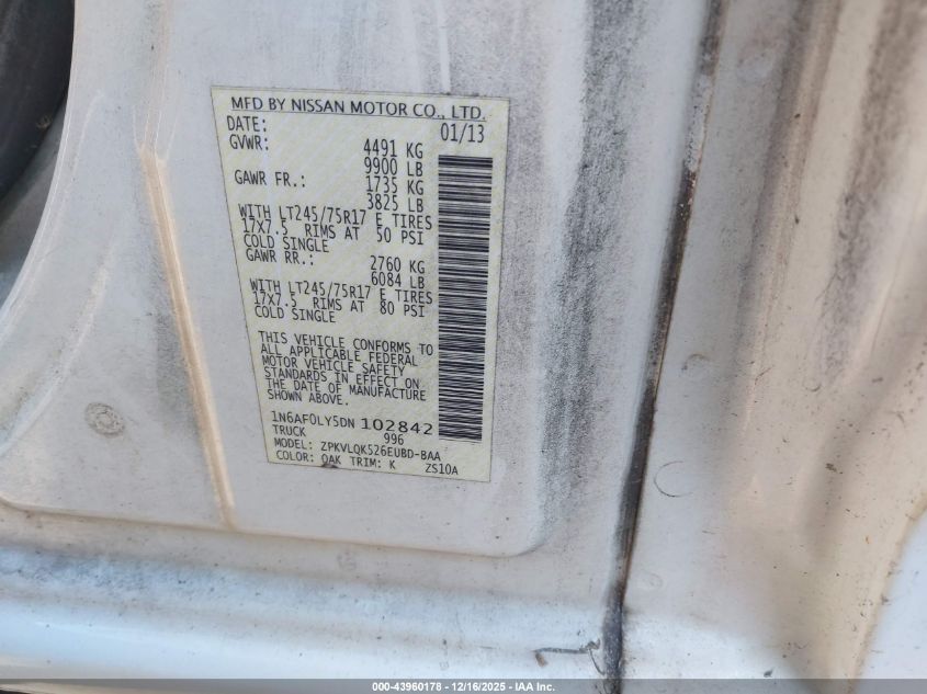 2013 Nissan Nv Cargo Nv3500 Hd S V8 VIN: 1N6AF0LY5DN102842 Lot: 43960178