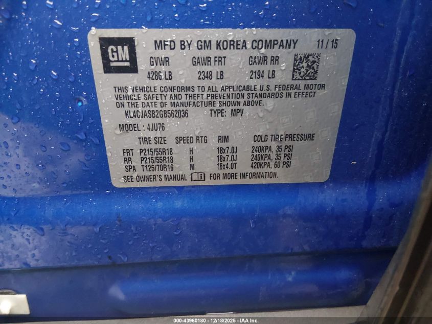 2016 Buick Encore VIN: KL4CJASB2GB562036 Lot: 43960180