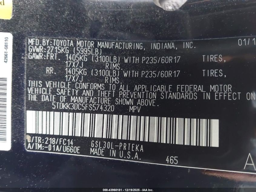 2015 Toyota Sienna Le 8 Passenger VIN: 5TDKK3DC5FS574320 Lot: 43960181