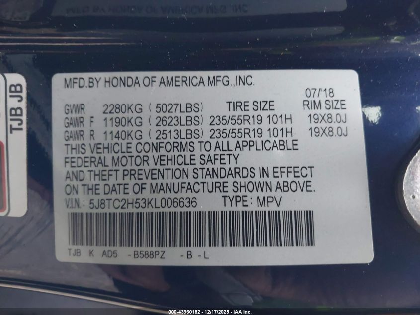 2019 Acura Rdx Technology Package VIN: 5J8TC2H53KL006636 Lot: 43960182