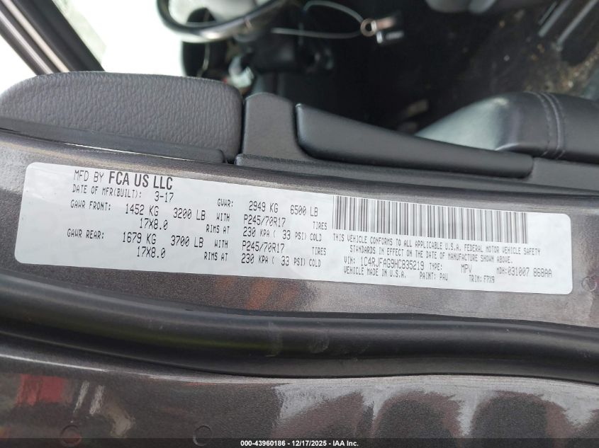 2017 Jeep Grand Cherokee Laredo 4X4 VIN: 1C4RJFAG9HC835219 Lot: 43960186