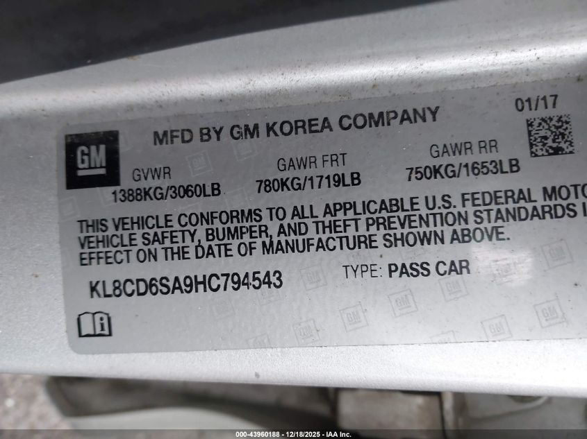 2017 Chevrolet Spark 1Lt Cvt VIN: KL8CD6SA9HC794543 Lot: 43960188