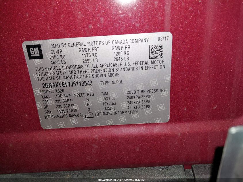 2018 Chevrolet Equinox Premier VIN: 2GNAXVEV7J6113543 Lot: 43960193