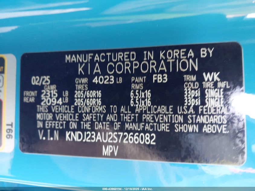 2025 Kia Soul S VIN: KNDJ23AU2S7266082 Lot: 43960194