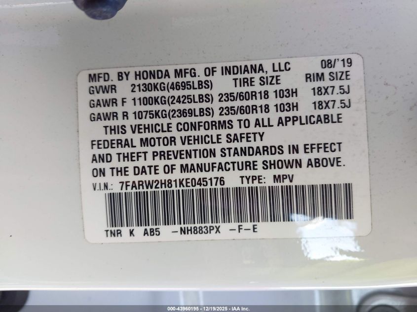 2019 Honda Cr-V Ex-L VIN: 7FARW2H81KE045176 Lot: 43960195