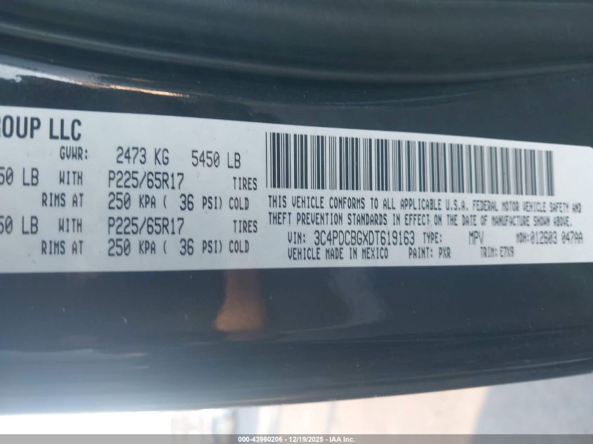 2013 Dodge Journey Sxt VIN: 3C4PDCBGXDT619163 Lot: 43960206