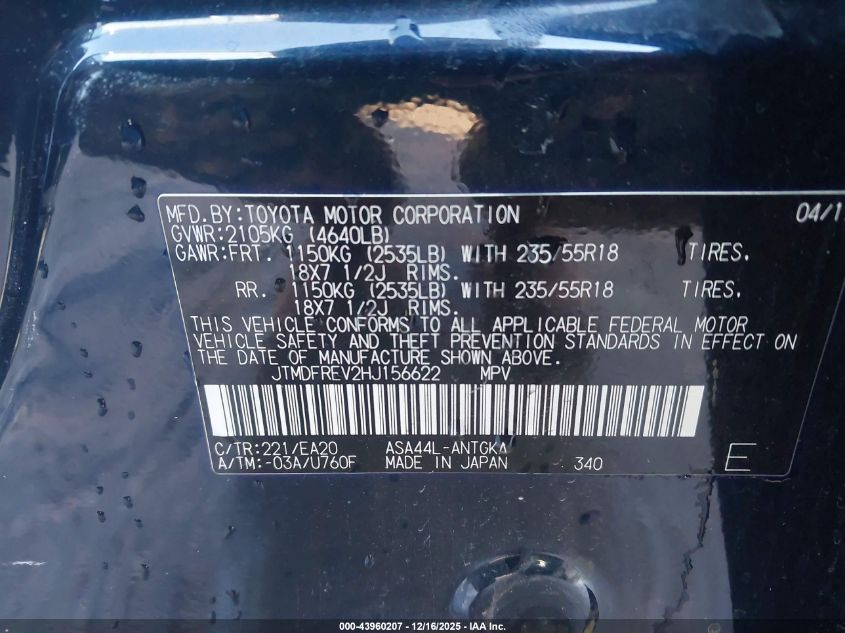 2017 Toyota Rav4 Limited VIN: JTMDFREV2HJ156622 Lot: 43960207