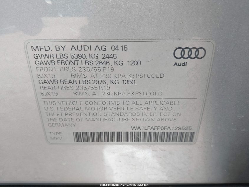 2015 Audi Q5 2.0T Premium VIN: WA1LFAFP6FA129525 Lot: 43960208