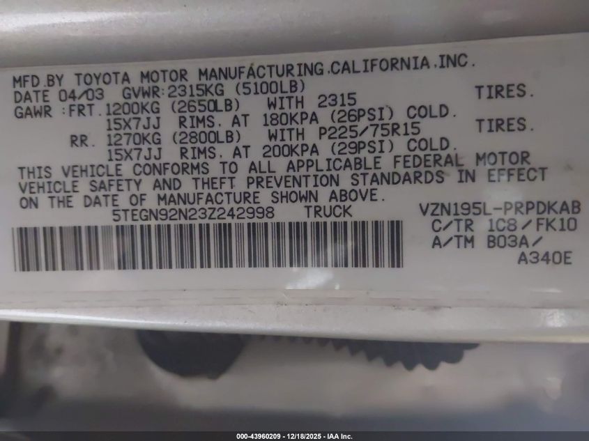 2003 Toyota Tacoma Prerunner V6 VIN: 5TEGN92N23Z242998 Lot: 43960209
