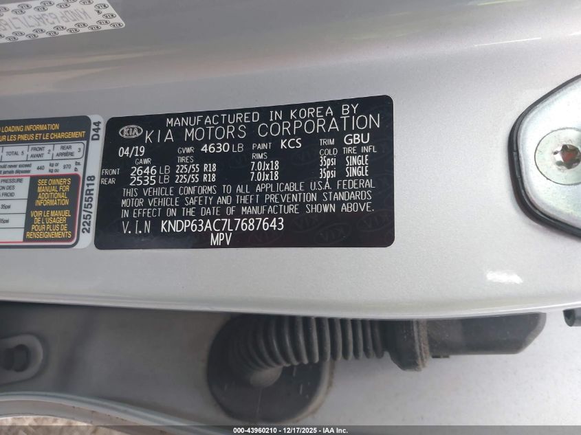 2020 Kia Sportage S VIN: KNDP63AC7L7687643 Lot: 43960210