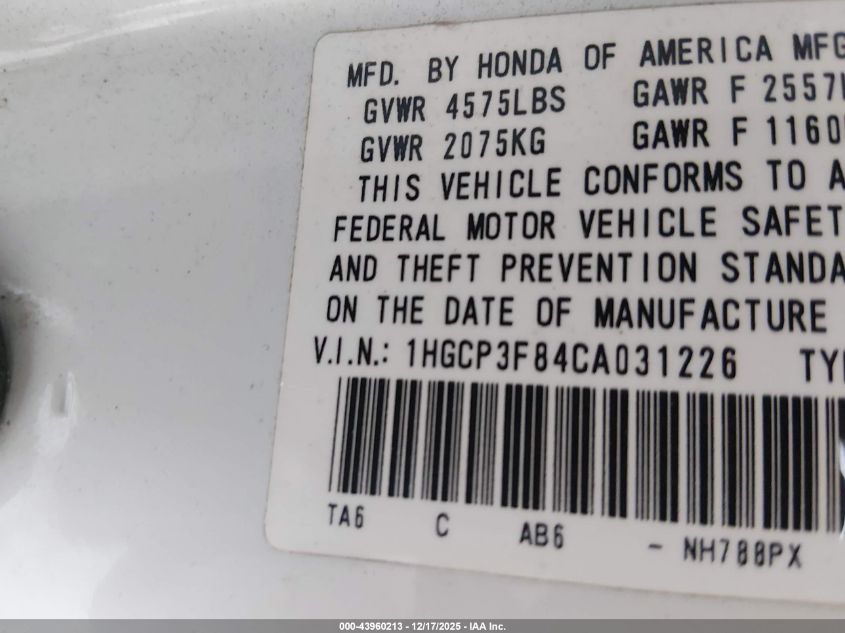 2012 Honda Accord 3.5 Ex-L VIN: 1HGCP3F84CA031226 Lot: 43960213