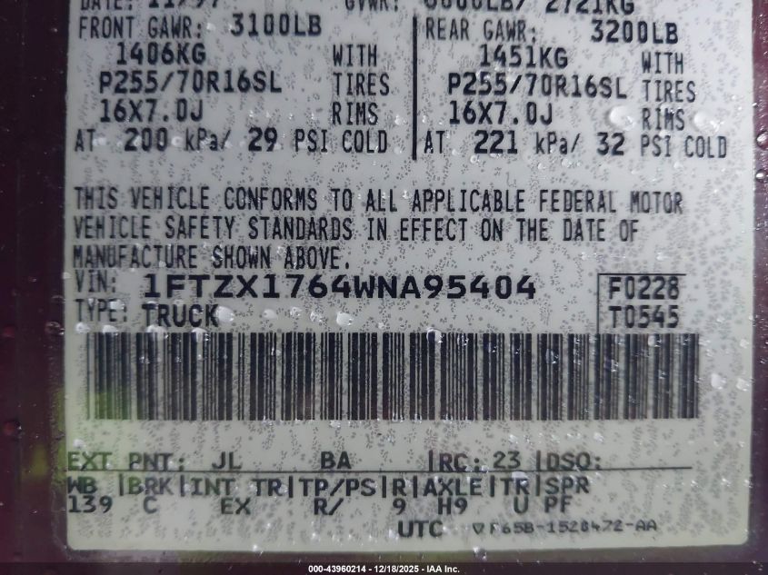 1998 Ford F-150 Lariat/Standard/Xl/Xlt VIN: 1FTZX1764WNA95404 Lot: 43960214