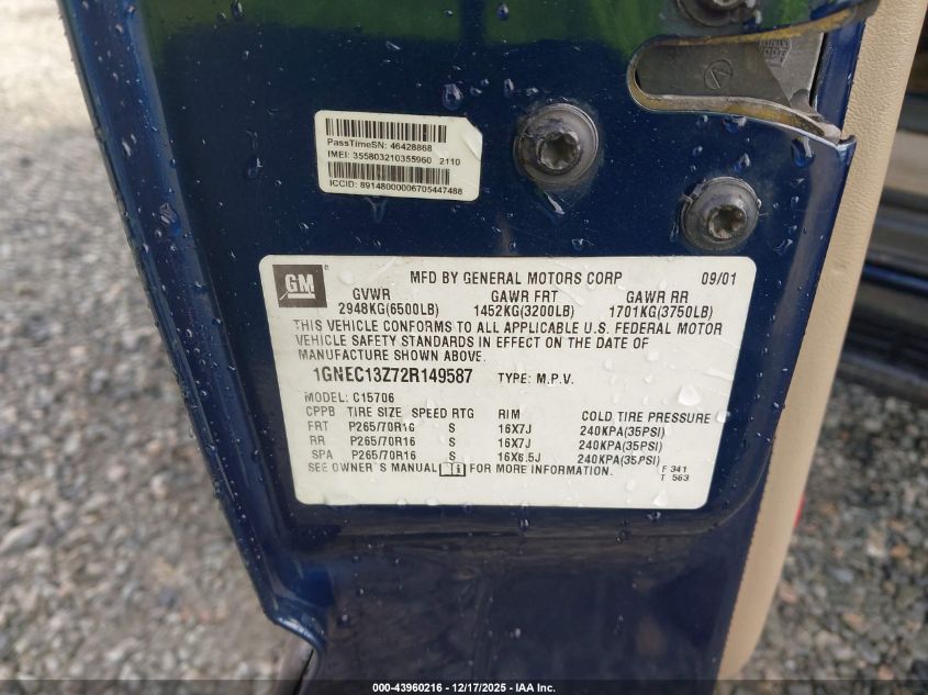 2002 Chevrolet Tahoe Ls VIN: 1GNEC13Z72R149587 Lot: 43960216