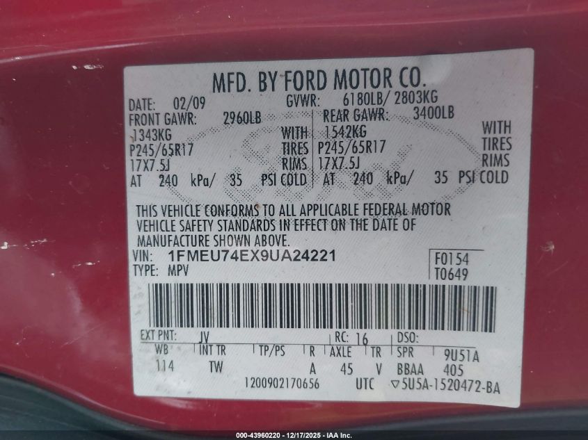 2009 Ford Explorer Eddie Bauer VIN: 1FMEU74EX9UA24221 Lot: 43960220