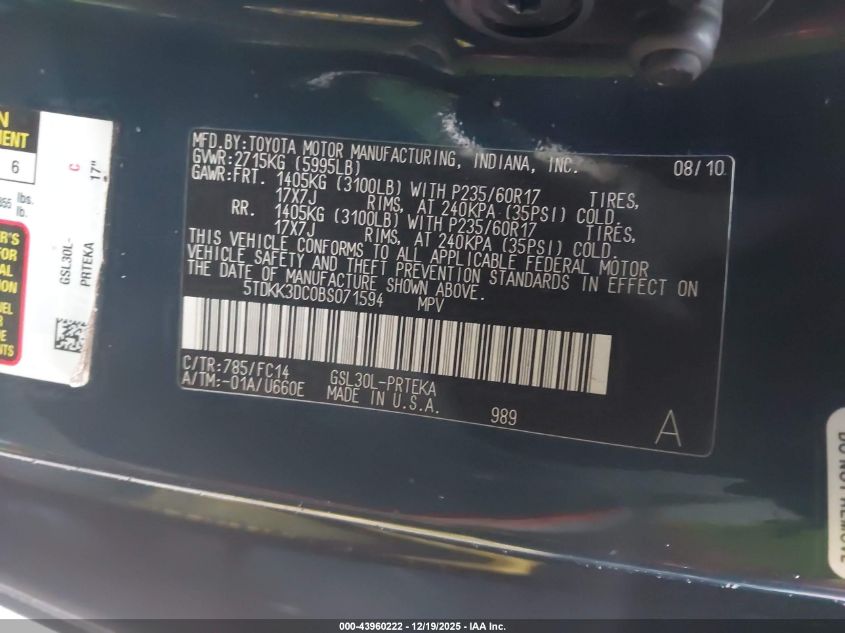 2011 Toyota Sienna Le V6 VIN: 5TDKK3DC0BS071594 Lot: 43960222