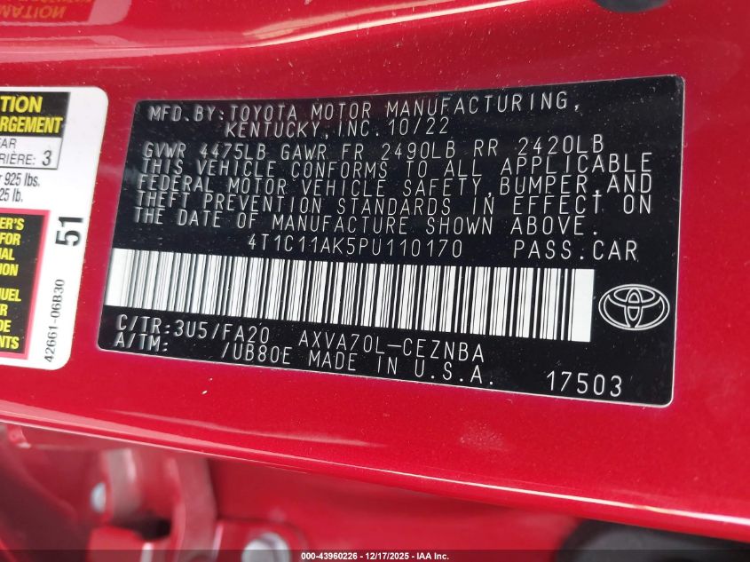 2023 Toyota Camry Le VIN: 4T1C11AK5PU110170 Lot: 43960226