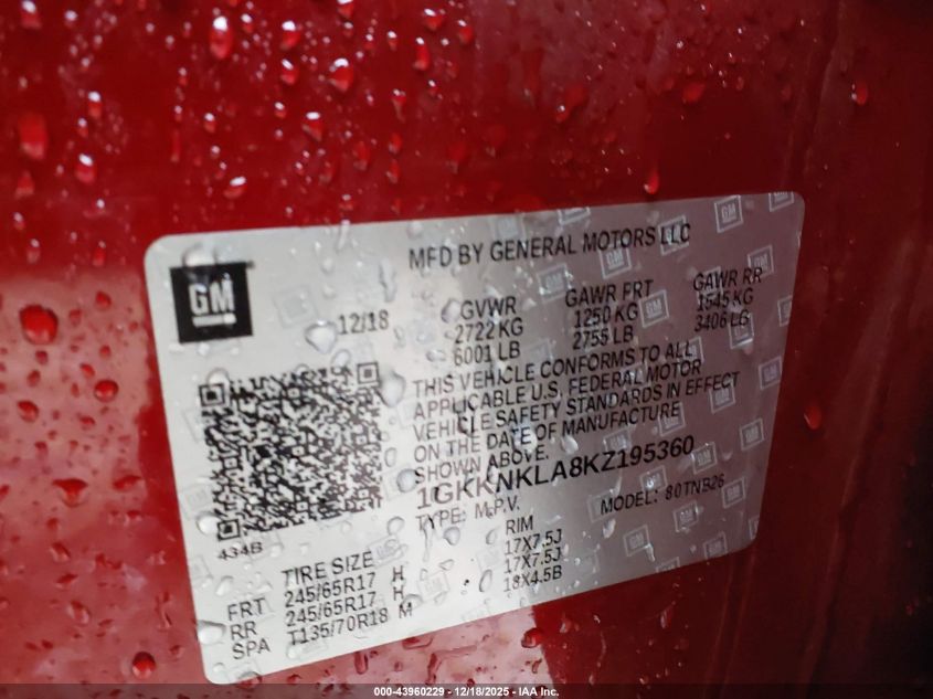 2019 GMC Acadia Sle-1 VIN: 1GKKNKLA8KZ195360 Lot: 43960229