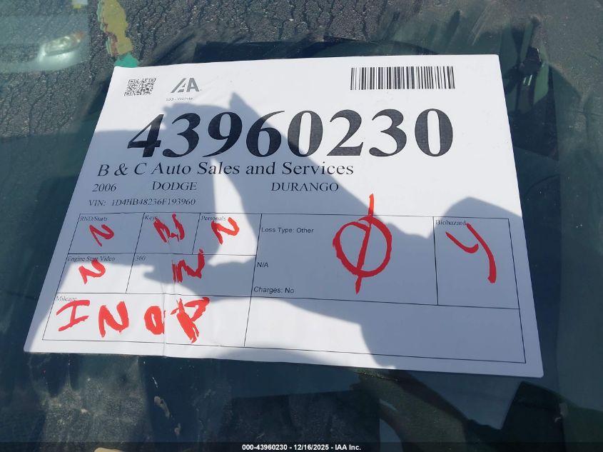 2006 Dodge Durango Slt VIN: 1D4HB48236F193960 Lot: 43960230