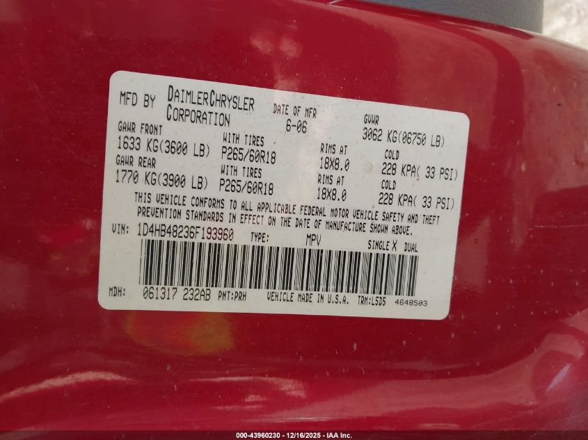 2006 Dodge Durango Slt VIN: 1D4HB48236F193960 Lot: 43960230