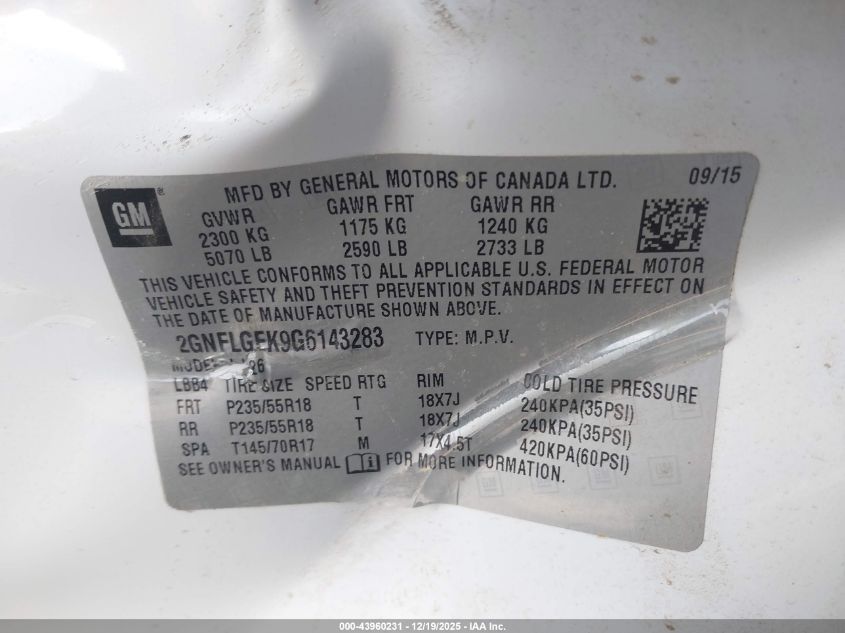 2016 Chevrolet Equinox Ltz VIN: 2GNFLGEK9G6143283 Lot: 43960231