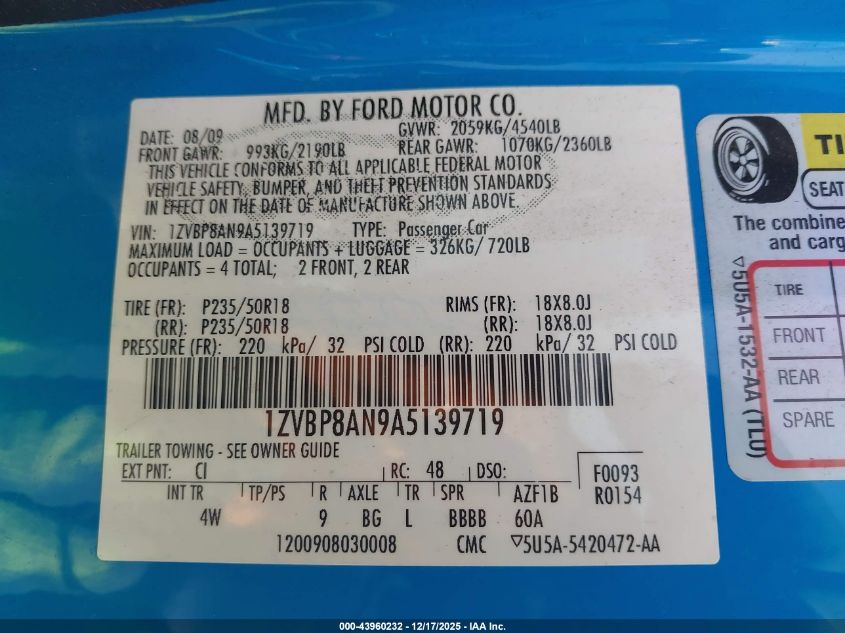 2010 Ford Mustang V6/V6 Premium VIN: 1ZVBP8AN9A5139719 Lot: 43960232