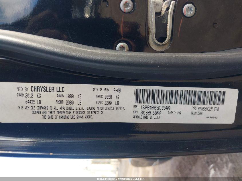 2009 Dodge Caliber Sxt VIN: 1B3HB48A99D133400 Lot: 43960233