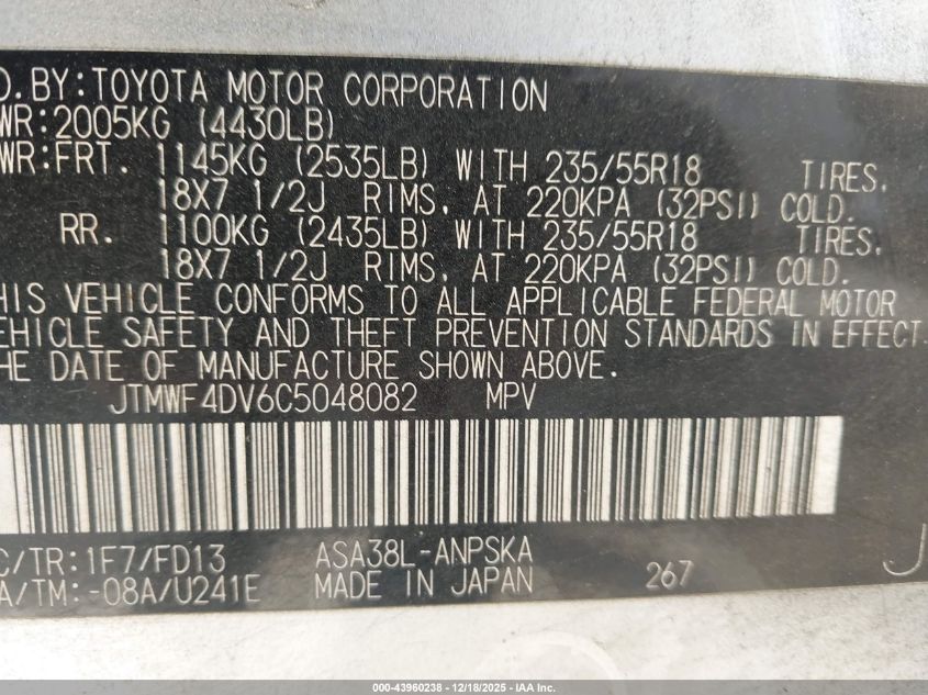 2012 Toyota Rav4 Sport VIN: JTMWF4DV6C5048082 Lot: 43960238