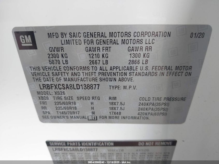 2020 Buick Envision Fwd Essence VIN: LRBFXCSA8LD138877 Lot: 43960240