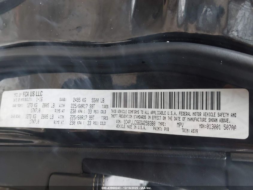 2016 Jeep Cherokee Latitude VIN: 1C4PJLCS6GW258380 Lot: 43960243