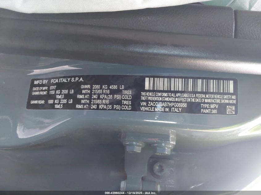 2017 Jeep Renegade Sport 4X4 VIN: ZACCJBAB7HPG06956 Lot: 43960244