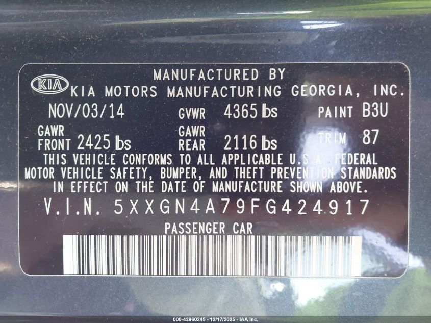 2015 Kia Optima Ex VIN: 5XXGN4A79FG424917 Lot: 43960245