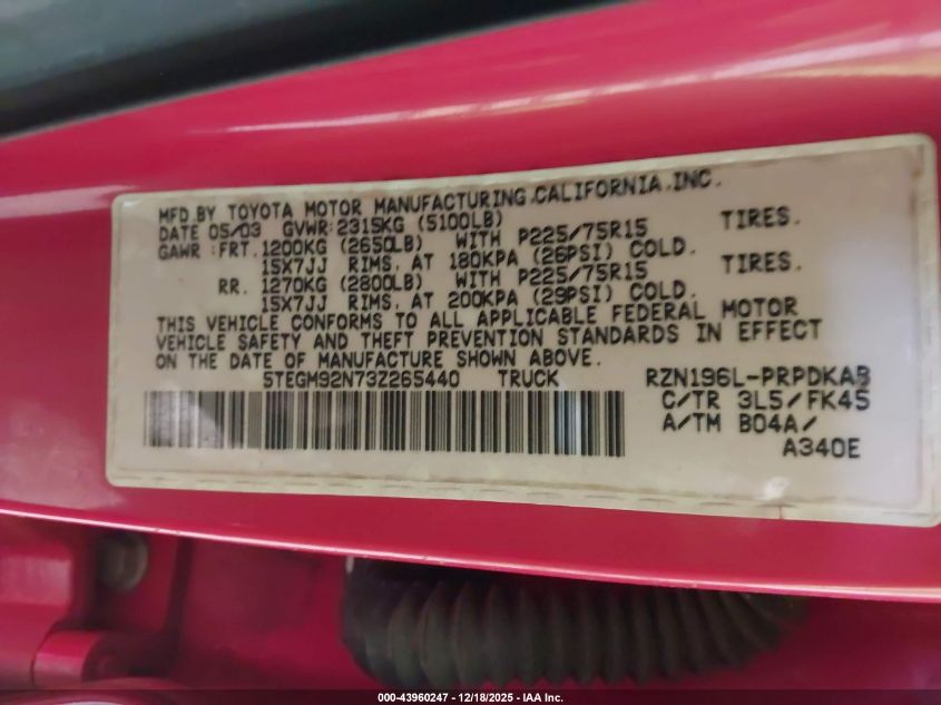 2003 Toyota Tacoma Prerunner VIN: 5TEGM92N73Z265440 Lot: 43960247